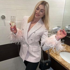 Zara Pink & White Double Breasted Textured Weave Blazer